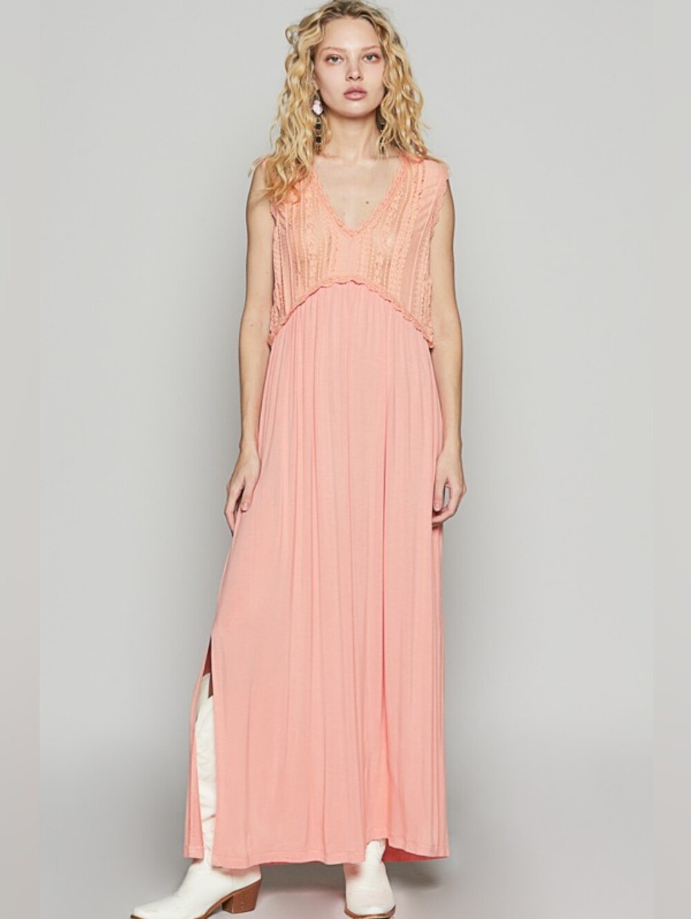 9-0614 POL Sleeveless Peach V-Neck Lace top Maxi Dress - Beachy and flowy